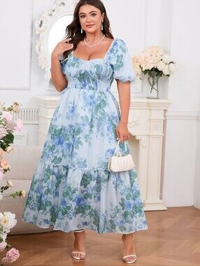 NWT Eywol Blue Floral Puff Sleeve Smocked Chiffon Maxi Dress Boho Shabby Chic XL